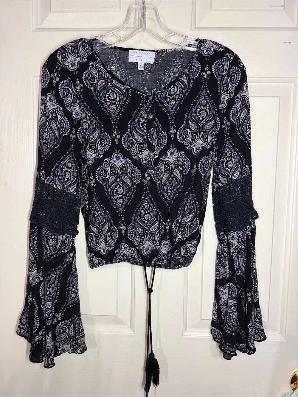 Kendall & Kylie Black Paisley Bell-Sleeve Peasant Blouse with Tassel Tie